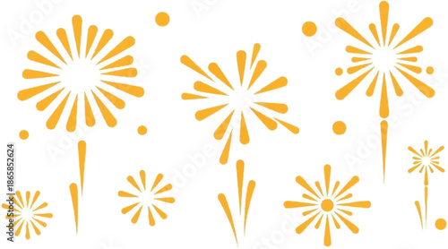 Assorted yellow bursts and dots against a white background, resembling abstract fireworks