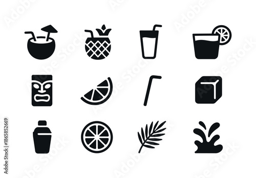 Tropical Drink Icons. Tropical beverages. Solid icon set of tropical beverages: coconut drink, pineapple drink, mango smoothie, lime cocktail, tiki mug, fruit