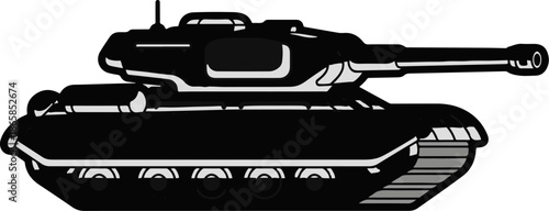 A stylized black and white illustration of a military tank