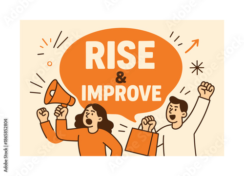 Rise & Improve Energy. Rise & Improve banner, flat vector illustration, bold oversized text inside rounded blob banner, cartoon characters shouting with