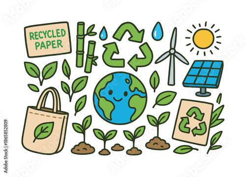 Colorful Eco Icons. Inspirational Eco Design. Colorful Hand-drawn doodle Children illustration eco materials, recycled paper, bamboo, leaves, earth globe,