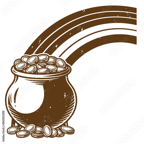 Vintage Brown pot of gold coins with rainbow on white background  symbol of wealth and good fortune