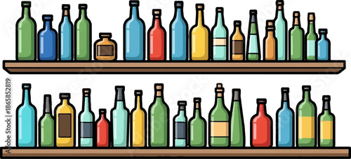 Assortment of colorful glass bottles arranged on two wooden shelves