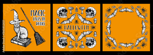 Halloween card and frame designs with skull, bat, spider, cat drawings in engraving style. Sketch outline illustrations with lettering phrases. Hand-drawn vector line art, sticker, poster, invitation