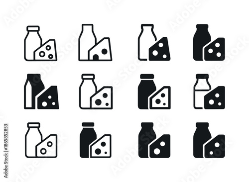 Fridge Shelf Icons. Organizing fridge shelves. Icon set. Set Logo of organizing fridge shelves: dairy section icon. harmonious logo variations of the same