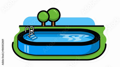 A simple, cartoonish depiction of an above-ground swimming pool with a ladder, two trees, and grass