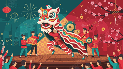 Lion Dance Performance in a Festive City Environment