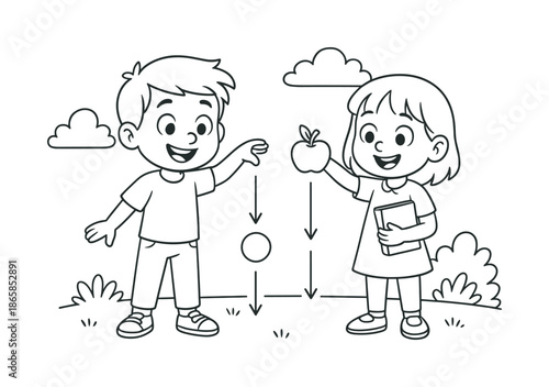 Gravity Experiment Coloring Page. Simple gravity experiment children?s coloring book illustration, outlined drawing, cartoon kids dropping different objects