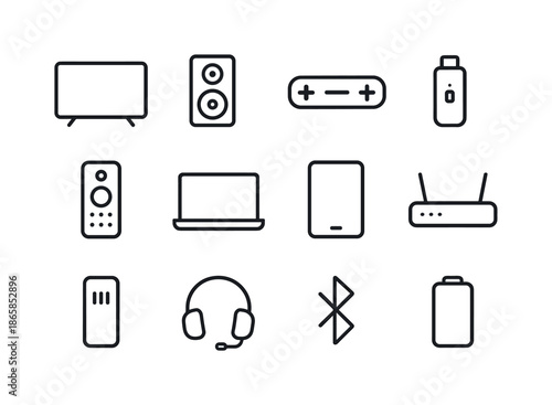 Home Electronics Icons. Home Electronics. Line icon set of Home Electronics: TV, speaker, game console, streaming stick, smart remote, laptop, tablet, router,