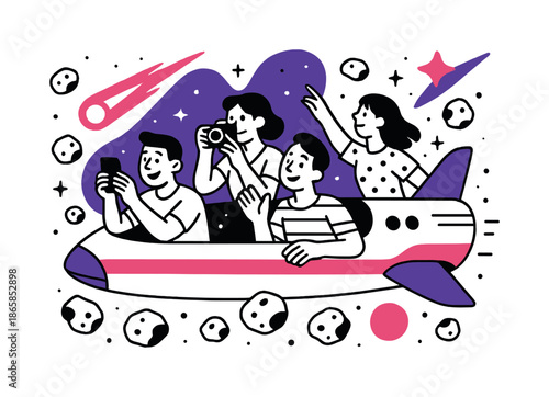 Interstellar Tourist Adventure. Celestial sightseeing. A spaceship cruises through an asteroid field with tourists snapping photos of glowing comets and stars.