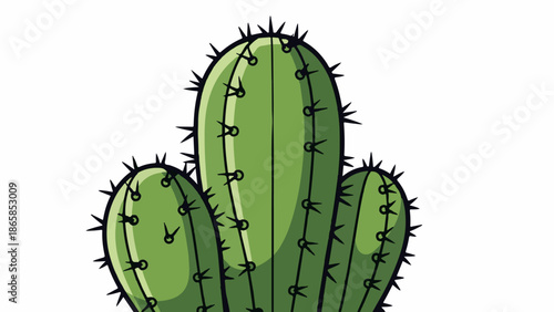 A vibrant green cactus with three ribbed, spiky arms on a white backdrop