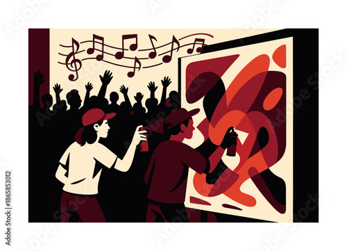 Street Art Celebration. Street art festival. Artists spraying vibrant shapes onto large panels; music notes swirling above. Energetic crowd silhouettes behind.