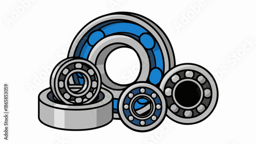 Assortment of mechanical bearings, some with blue accents, on white