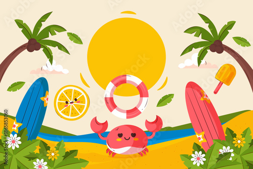 Joyful tropical summer escape illustration featuring a cheerful crab, surfboards, and palm trees under a bright sun, evoking a carefree holiday spirit and vibrant beach atmosphere