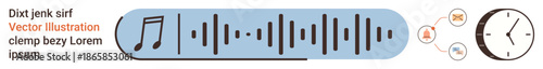 Time tracking, multimedia editing, audio processing, sound design, workflow management, scheduling. Visual includes an audio waveform, music note icon and clock symbol. Sound editing and time