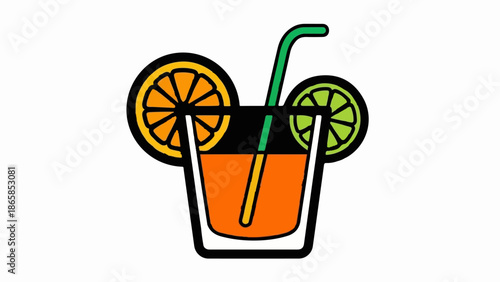 Bright orange juice with lime and orange slices in a glass