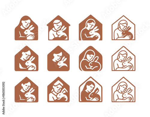 Cozy Rabbit Logos. Cuddling with a pet rabbit. Icon set. Set Logo of Cuddling with a pet rabbit: cozy home scene with bunny. harmonious logo variations of the