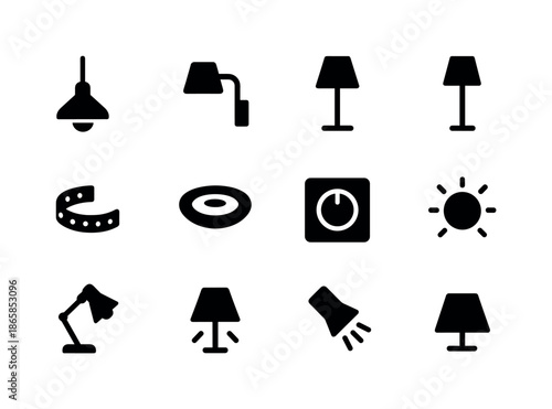 Minimalist Lighting Icons. Minimalist lighting. Solid icon set of minimalist lighting: pendant light, wall sconce, table lamp, floor lamp, LED strip, recessed