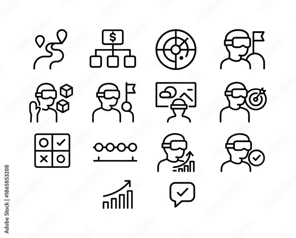 Fototapeta premium VR Strategy Icons. VR enterprise strategy. Line icon set of VR enterprise strategy: strategic roadmap, business model icon, future trend radar, simulation