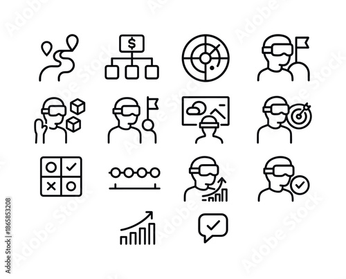 VR Strategy Icons. VR enterprise strategy. Line icon set of VR enterprise strategy: strategic roadmap, business model icon, future trend radar, simulation