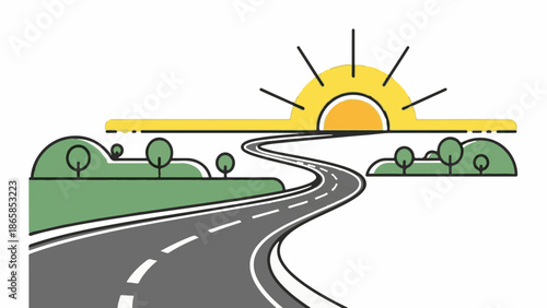 A winding road leads towards a bright, stylized sun rising over green hills with trees