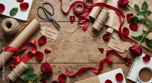 Overhead shot of Valentine's Day gift wrapping supplies on wooden table