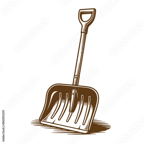 Vintage Brown shovel with handle and flat rectangular blade for digging and scooping isolated on white background