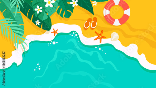Vibrant beach scene with ocean waves, sandy shore, tropical leaves, flip-flops, starfish, and a lifebuoy, embodying a perfect summer vacation and coastal relaxation