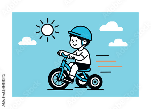 Tricycle Under Sunny Skies. Sunny day trike ride. A bright sun icon hovers above as the kid pedals; soft geometric clouds drift by. Warm motion lines follow.