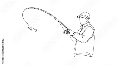 Continuous line art concept capturing a successful fishing trip, depicting a person joyfully reeling in a fresh catch, symbolizing rewarding thrill of an outdoor hobby and sport