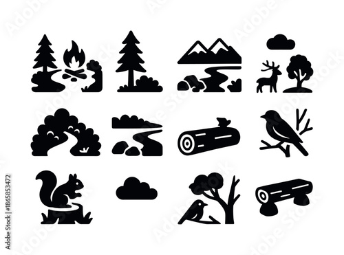 Forest Camp Icon Set. Forest campfire scenery. Solid icon set of Forest campfire scenery: campfire in forest clearing, tall pine tree, bushes, mountains