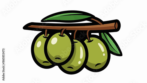 A stylized branch displays four ripe green olives with two leaves