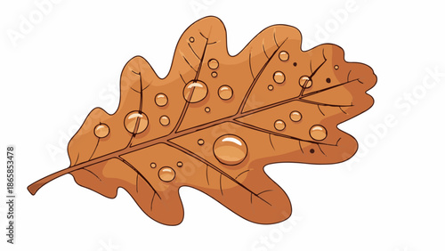 A stylized, brown, lobed oak leaf adorned with glistening water droplets