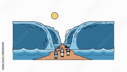 Biblical scene with figures crossing parting waters under a sun