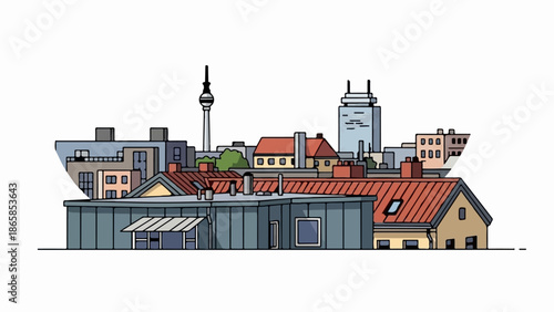 A stylized cartoon cityscape with a tall tower and various buildings