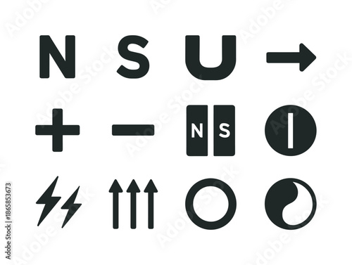 Polarity Icon Set. Polarity icons. Solid icon set of polarity icons: N symbol, S symbol, magnet ends, arrow flow, charge plus, charge minus, split bar magnet,