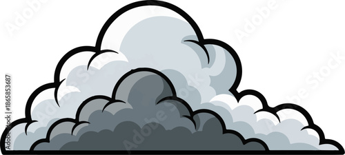 A stylized cartoon cloud formation with bold black outlines and varying shades of gray