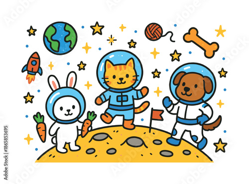 Space Animals Adventure. Animals on the moon. Colorful Hand-drawn doodle Children illustration Animals on the moon bunny in space helmet, cat astronaut, dog