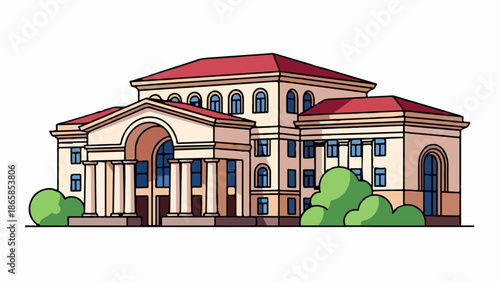 A stylized building with a prominent arched entrance, columns, and red roof