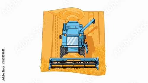 Blue combine harvester working in a golden wheat field