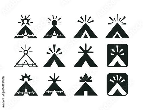 Enemy Camp Icon Set. Enemy camp under attack. Icon set. Set Logo of enemy camp under attack: warning perimeter flare. harmonious logo variations of the same