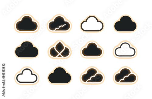 Interstellar Cloud Icons. Interstellar clouds. Icon set. Set Logo of interstellar clouds: glowing cloud rim. harmonious logo variations of the same emblematic