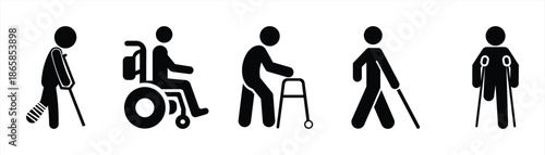 Disability and Mobility Assistance Pictogram Icons Set in Black Silhouette
