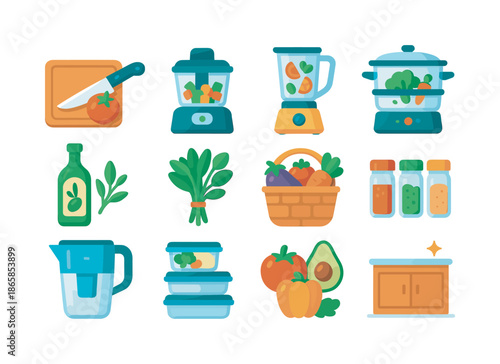 Healthy Kitchen Icons. Healthy kitchen. Colorful flat vector icons set of healthy kitchen: cutting board, veggie chopper, blender, steamer pot, olive oil