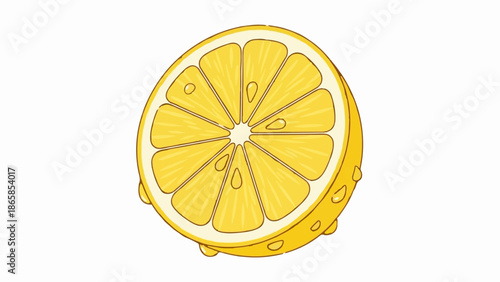 Bright yellow lemon slice, dripping with juice and containing visible seeds