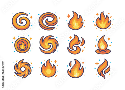 Colorful Inferno Icons. Inferno spiral. Colorful isometric vector icons set of inferno spiral: blazing loop, ember coil, heat spiral, molten burst, fiery
