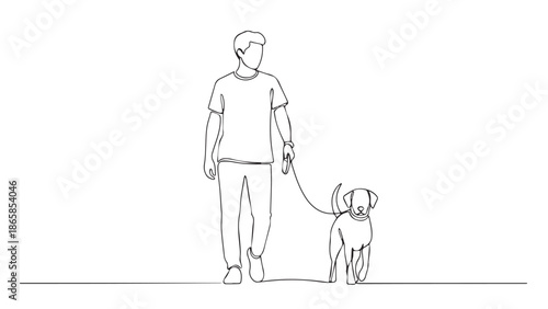 Continuous line drawing illustrating a man walking his dog on a leash, capturing the essence of pet companionship and daily exercise