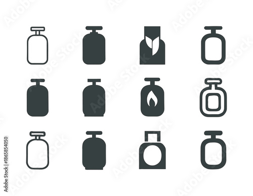 Gases Icon Set. Gases. Icon set. Set Logo of gases: gas cylinder. harmonious logo variations of the same emblematic concept, each with different artistic