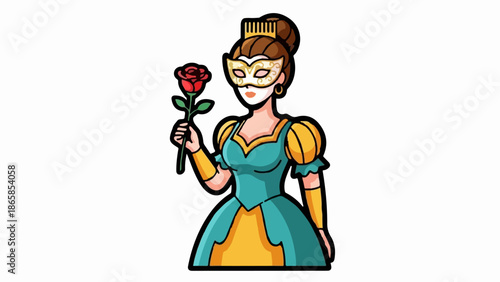 A woman in a ornate mask and a ball gown holds a single red rose