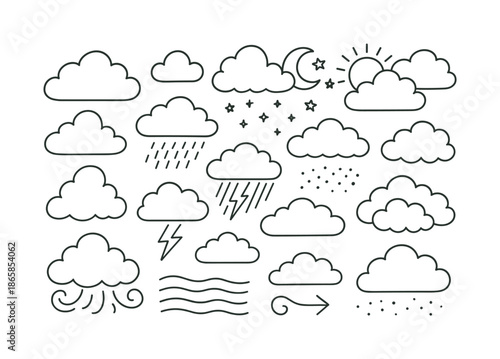 Whimsical Cloud Illustrations. Clouds. Hand-drawn doodle illustration Clouds cloud border, cloud doodle, storm symbol, drizzle dots, wind arrow, puff stack,